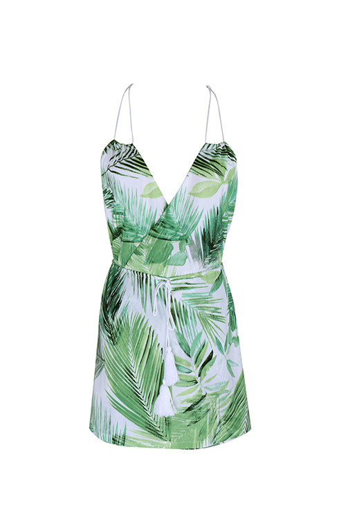  Sexy Lace-up Backless Leaf Printed Green Polyester One-piece Short Jumpsuits