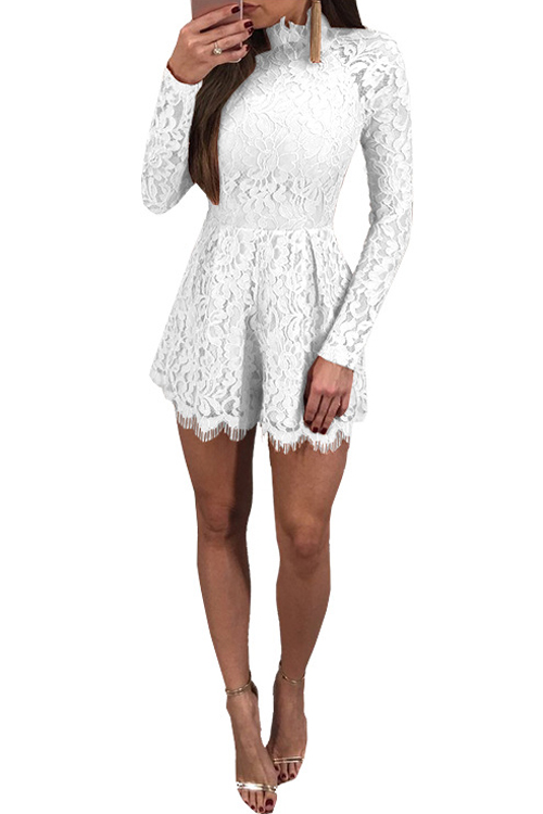  Sexy Mandarin Collar Lace-up Hollow-out White Bud Silk One-piece Jumpsuits