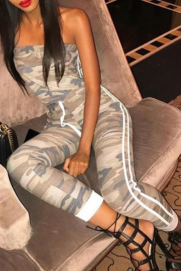  Sexy Off-shoulder Camouflage Printed Polyester One-piece Jumpsuits
