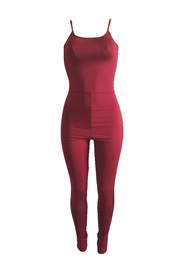  Sexy Patchwork Wine Red Polyester One-piece Jumpsuits
