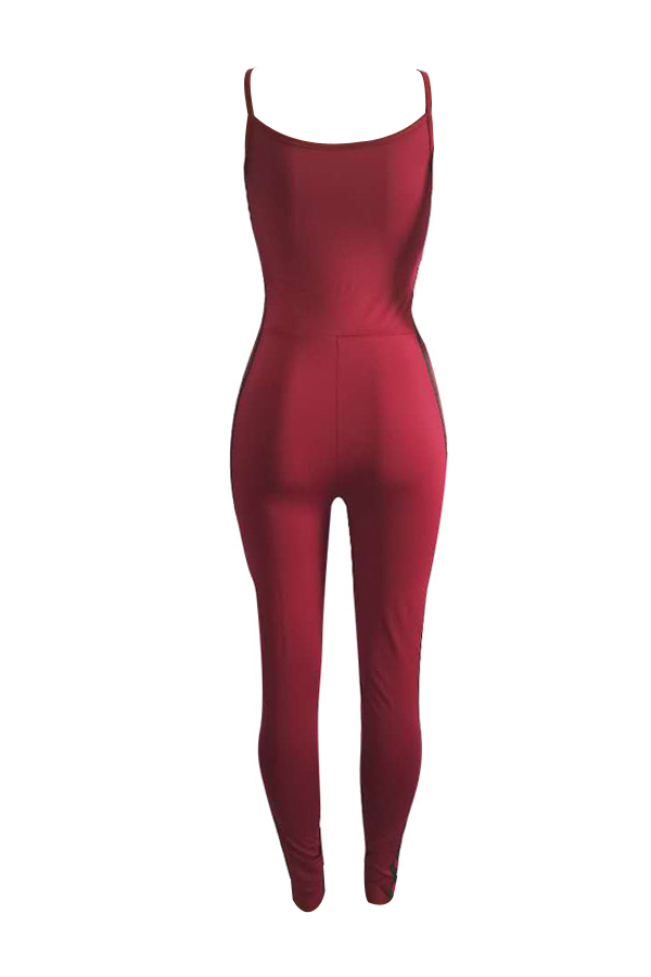  Sexy Patchwork Wine Red Polyester One-piece Jumpsuits