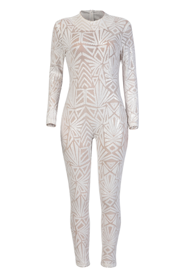  Sexy Printed See-Through White Polyester One-piece Jumpsuits(Without Lining)
