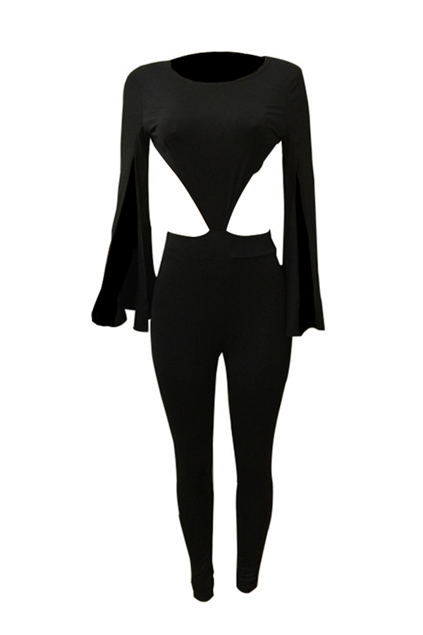  Sexy Round Neck Backless Black Polyester One-piece Jumpsuits