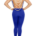  Sexy Round Neck Backless Chain Of Pearls Decoration Blue Terylene+Cotton One-piece Jumpsuits