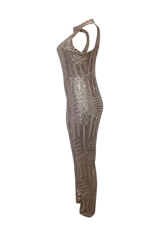  Sexy Round Neck Backless Sequins Decoration Champagne Polyester One-piece Jumpsuits