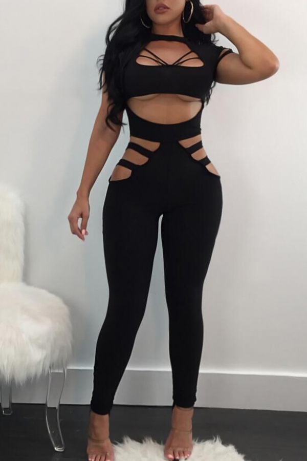  Sexy Round Neck Hollow-out Black Polyester One-piece Jumpsuits