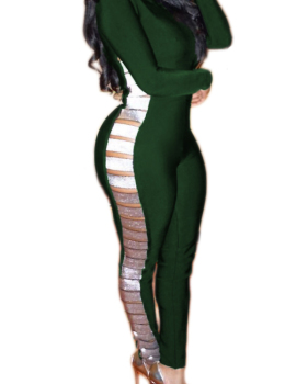  Sexy Round Neck Hollow-out Green Polyester Skinny One-piece Jumpsuits