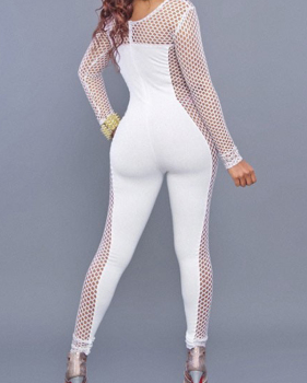  Sexy Round Neck Hollow-out White Polyester One-piece Jumpsuits