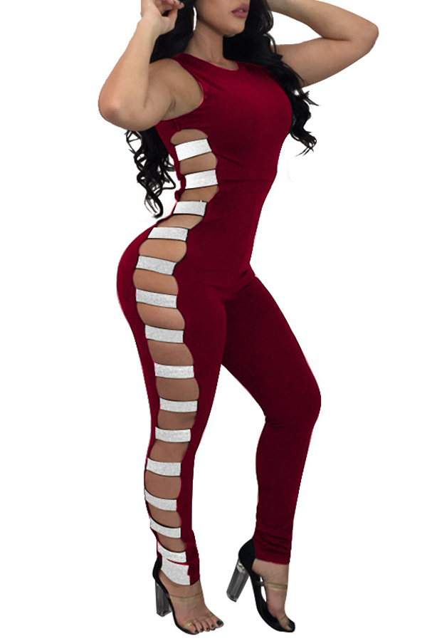  Sexy Round Neck Hollow-out Wine Red Polyester One-piece Jumpsuits