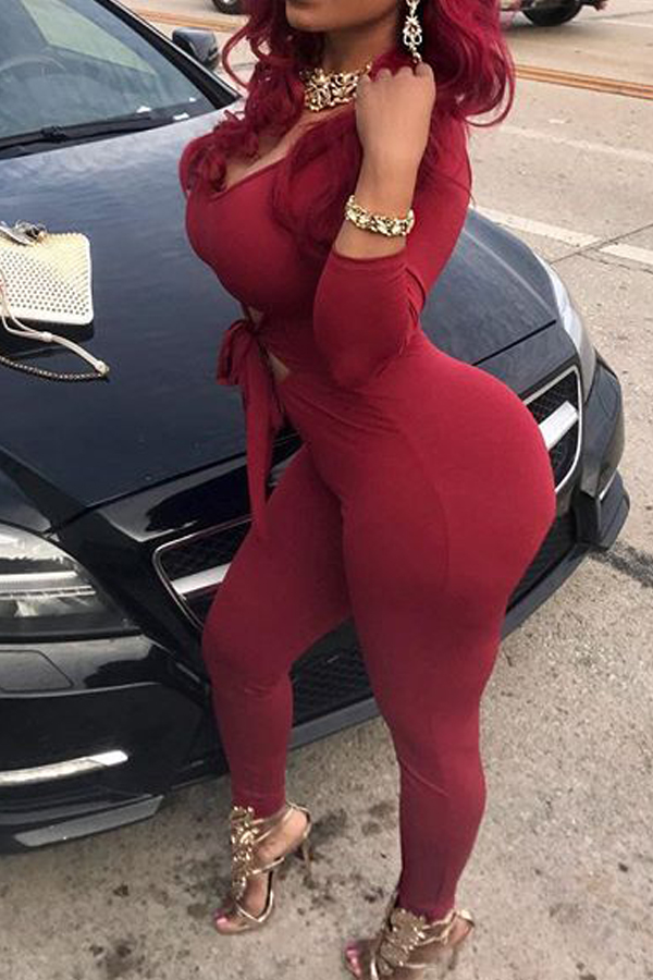  Sexy Round Neck Hollow-out Wine Red Polyester One-piece Skinny Jumpsuits