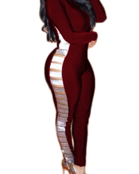  Sexy Round Neck Hollow-out Wine Red Polyester Skinny One-piece Jumpsuits