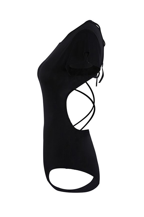  Sexy Round Neck Lace-up Hollow-out Black Polyester One-piece Bodysuit