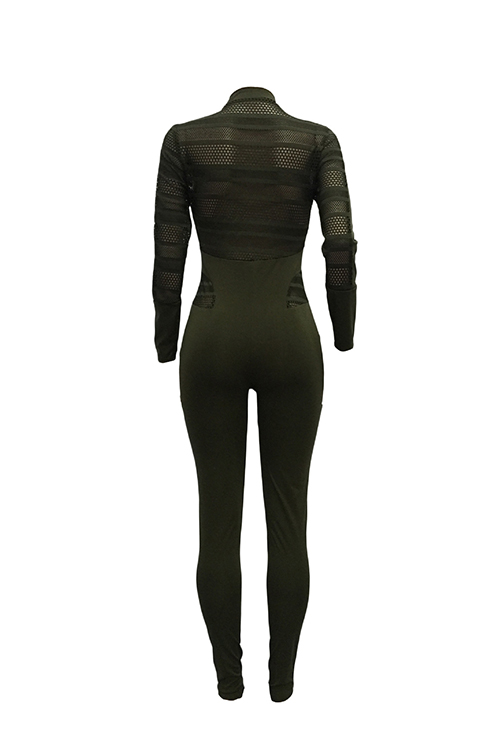  Sexy Round Neck Long Sleeves Gauze Patchwork Army Green Polyester One-piece Skinny Jumpsuits