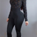  Sexy Round Neck Long Sleeves Gauze Patchwork +Pearl Decoration Black Healthy Fabric One-piece Skinny Jumpsuits
