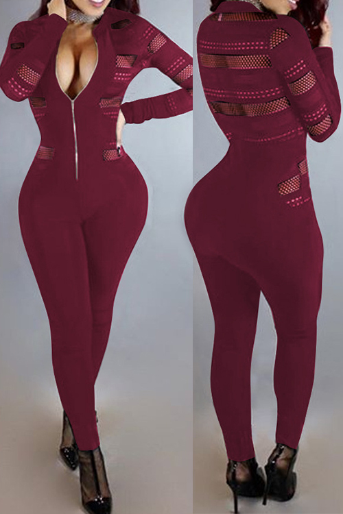  Sexy Round Neck Long Sleeves Gauze Patchwork Wine Red Polyester One-piece Skinny Jumpsuits