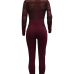  Sexy Round Neck Long Sleeves Gauze Patchwork Wine Red Polyester One-piece Skinny Jumpsuits