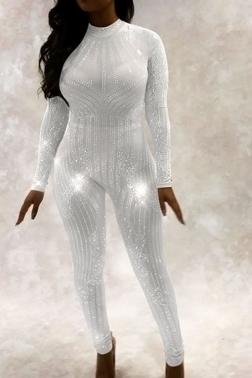  Sexy Round Neck See-Through Hot Drilling Decorative White Polyester One-piece Jumpsuits(Without Lining)