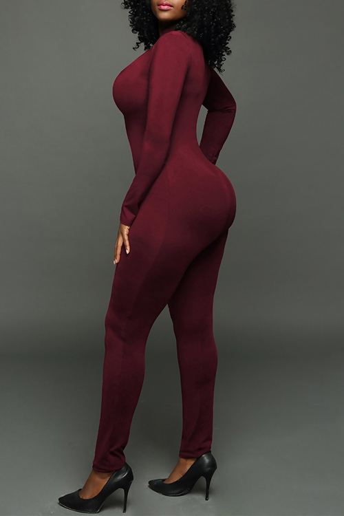  Sexy Round Neck Zipper Design Jujube-red Milk Fiber One-piece Skinny Jumpsuits