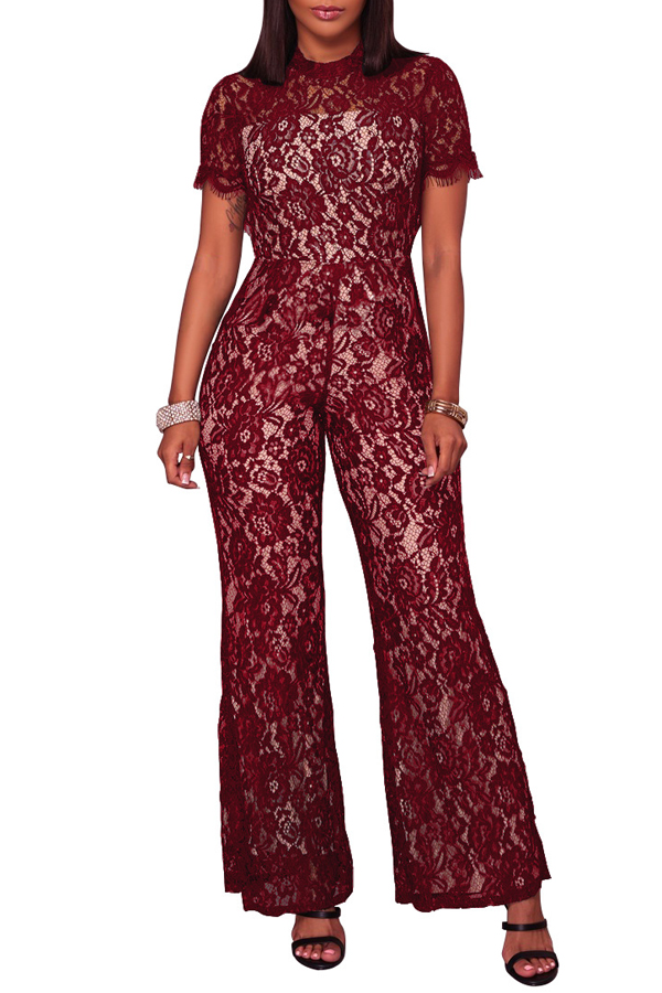  Sexy Stand Collar Hollow-out Wine Red Bud Silk One-piece Jumpsuits