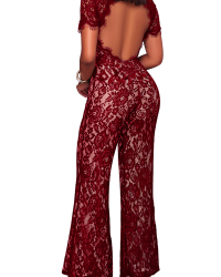  Sexy Stand Collar Hollow-out Wine Red Bud Silk One-piece Jumpsuits
