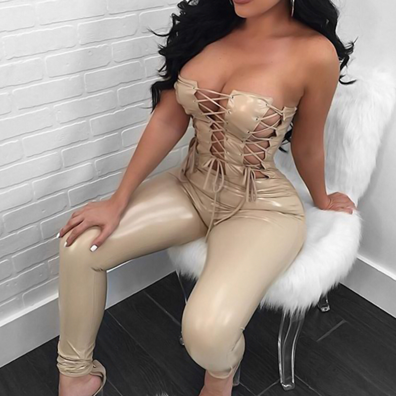  Sexy Strapless Lace-up Hollow-out Apricot Leather One-piece Jumpsuits