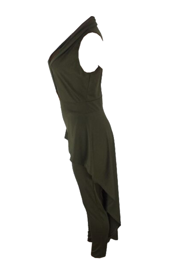  Sexy Turndown Collar Falbala Hems Design Army Green Polyester One-piece Jumpsuits