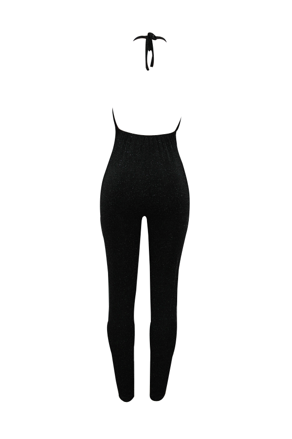  Sexy V Neck Backless Black Polyester One-piece Jumpsuits