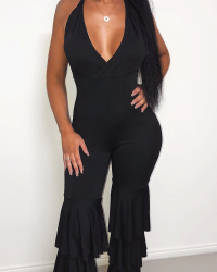  Sexy V Neck Backless Three Layers Trumpet Design Black Cotton Blends One-piece Jumpsuits