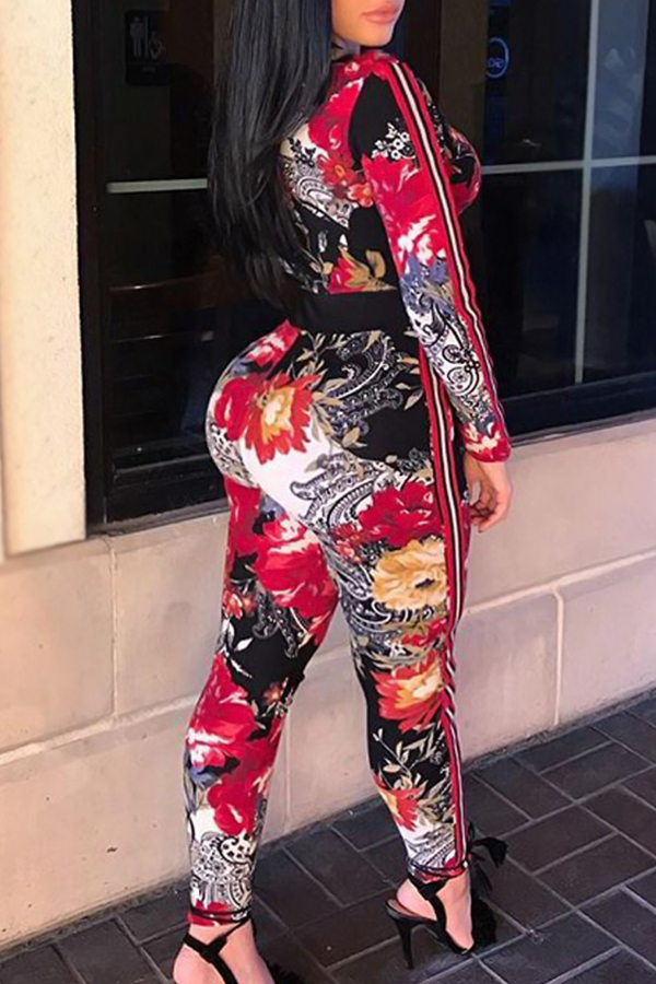  Sexy V Neck Floral Printed Red Polyester One-piece Jumpsuits