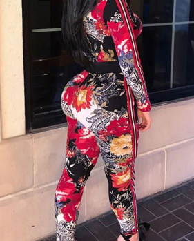 Sexy V Neck Floral Printed Red Polyester One-piece Jumpsuits