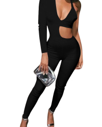  Sexy V Neck Hollow-out Asymmetrical Black Polyester One-piece Jumpsuits