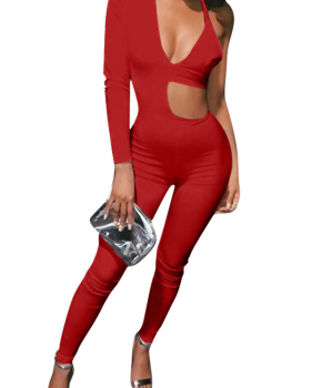  Sexy V Neck Hollow-out Asymmetrical Red Polyester One-piece Jumpsuits