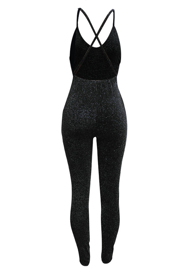  Sexy V Neck Hollow-out Black Polyester One-piece Jumpsuits