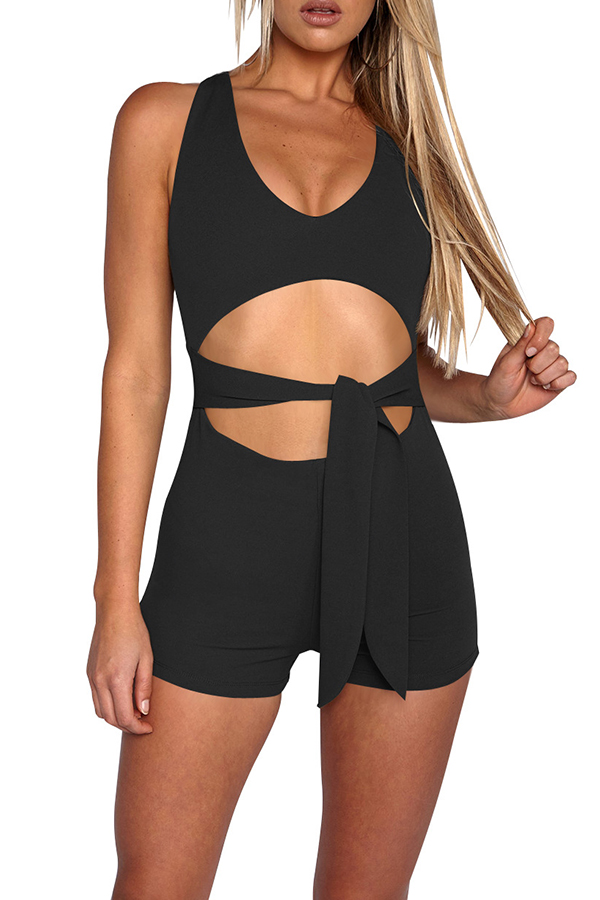  Sexy V Neck Lace-up Hollow-out Black Cotton Blends One-piece Jumpsuits