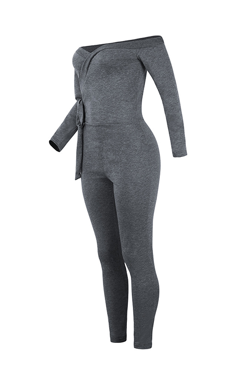  Sexy V Neck Lacing Design Dark Grey Cotton Blends One-piece Jumpsuits