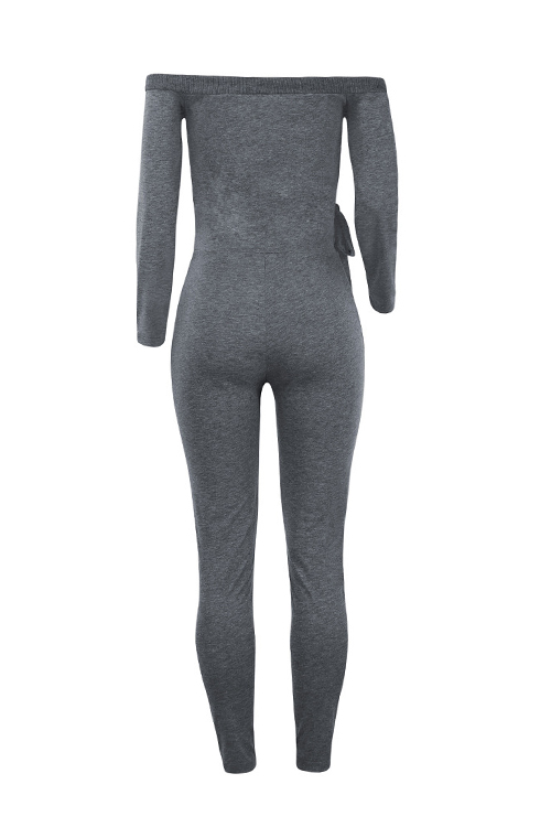  Sexy V Neck Lacing Design Dark Grey Cotton Blends One-piece Jumpsuits