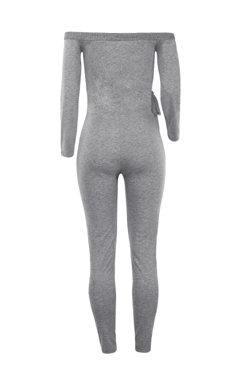  Sexy V Neck Lacing Design Light Grey Cotton Blends One-piece Jumpsuits