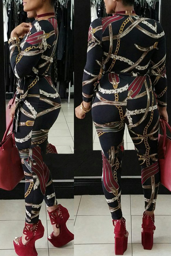  Sexy V Neck Printed Black Polyester One-piece Jumpsuits