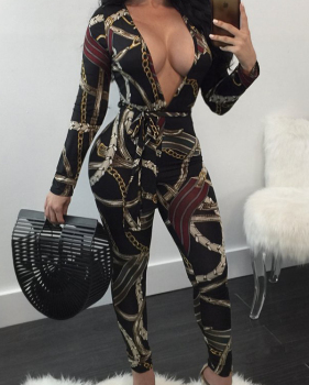  Sexy V Neck Printed Black Polyester One-piece Jumpsuits