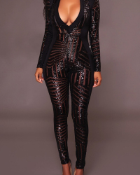  Sexy V Neck See-Through Black Polyester One-piece Skinny Jumpsuits