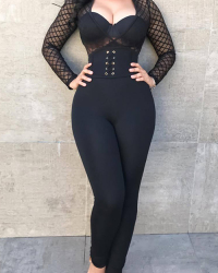  Sexy V Neck See-Through Net Yarn Splicing Black Polyester One-piece Jumpsuits