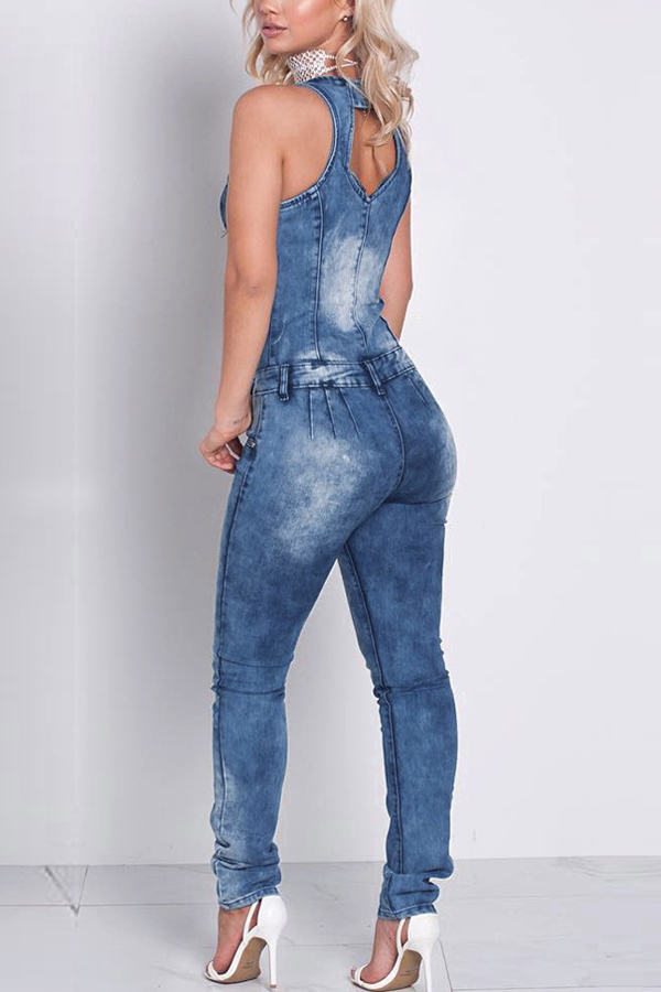  Sexy V Neck Zipper Design Blue Denim One-piece Jumpsuits