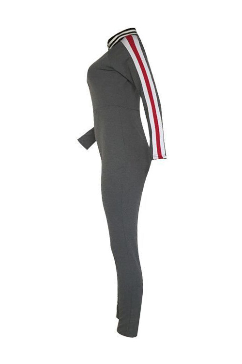  Sexy V Neck Zipper Design Striped Patchwork Grey Cotton Blends One-piece Jumpsuits