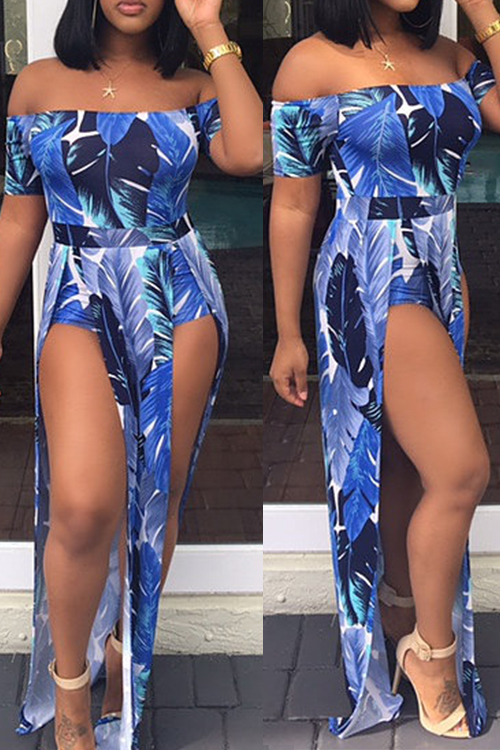  Stylish Bateau Neck Side Slit Feather Printed Blue Polyester One-piece Jumpsuits
