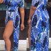  Stylish Bateau Neck Side Slit Feather Printed Blue Polyester One-piece Jumpsuits