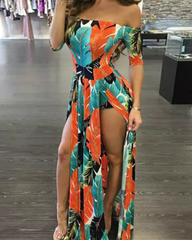  Stylish Bateau Neck Side Slit Feather Printed Green Polyester One-piece Jumpsuits