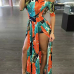  Stylish Bateau Neck Side Slit Feather Printed Green Polyester One-piece Jumpsuits
