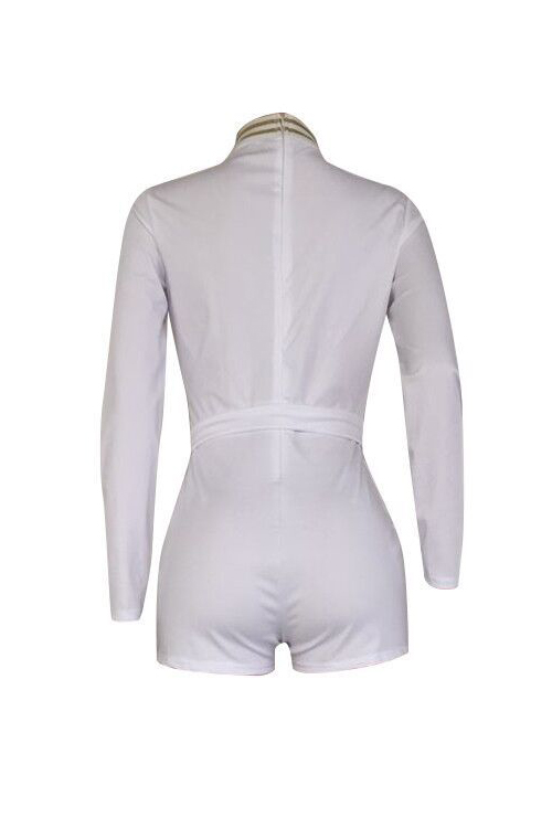  Stylish Deep V Neck Patchwork White Cotton Blends One-piece Short Jumpsuits