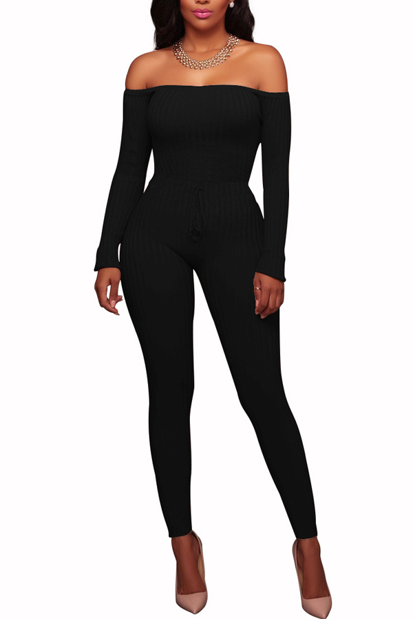  Stylish Dew Shoulder Black Polyester One-piece Jumpsuits