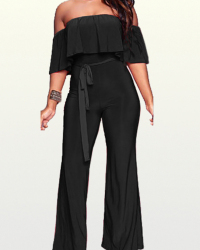  Stylish Dew Shoulder Falbala Design Black Blending One-piece Jumpsuits